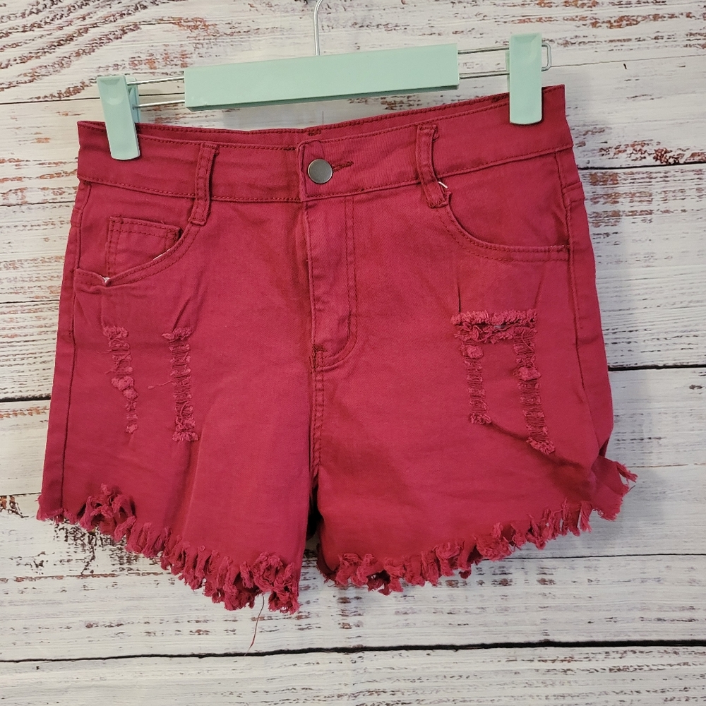 Red L Distressed Shorts